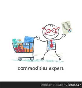 commodities expert with the document stands near the trolley