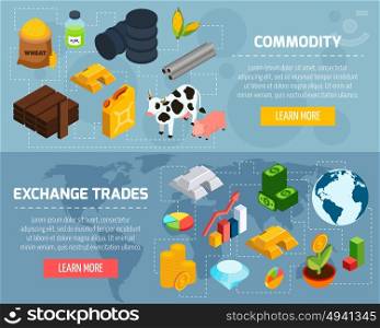 Commodity Horizontal Banners Set . Commodity horizontal banners set with exchange trade symbols isometric isolated vector illustration