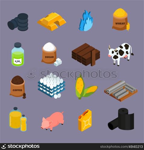 Commodity Icons Set. Commodity icons set with milk corn and gold symbols isometric isolated vector illustration