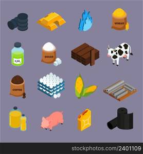 Commodity icons set with milk corn and gold symbols isometric isolated vector illustration . Commodity Icons Set