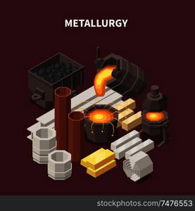 Commodity isometric composition with images of fire pots tubes waggons and various metallurgical production industrial goods vector illustration