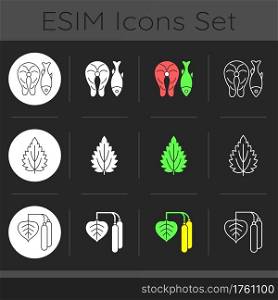 Common allergens dark theme icons set. Fish and marine food. Birch pollen. Reason for allergy. Herbal ingredients. Linear white, solid glyph and RGB color styles. Isolated vector illustrations. Common allergens dark theme icons set