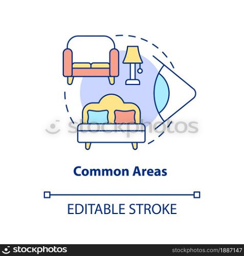 Common areas concept icon. Home security system abstract idea thin line illustration. Install camera in living room and bedroom. Vector isolated outline color drawing. Editable stroke. Common areas concept icon