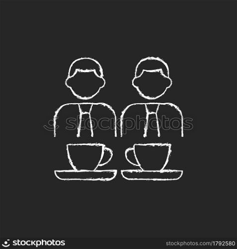 Common breaks chalk white icon on dark background. Coworking during coffee break. Lunch colleagues conversation. Office discussion during snack time. Isolated vector chalkboard illustration on black. Common breaks chalk white icon on dark background