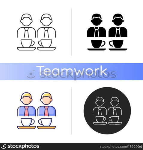 Common breaks icon. Coworking during coffee break. Lunch time colleagues conversation. Office discussion during snack time. Linear black and RGB color styles. Isolated vector illustrations. Common breaks icon