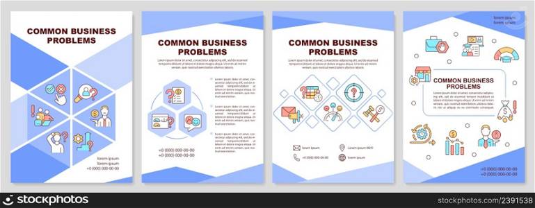 Common business problems blue brochure template. Entrepreneurship. Leaflet design with linear icons. 4 vector layouts for presentation, annual reports. Arial-Black, Myriad Pro-Regular fonts used. Common business problems blue brochure template