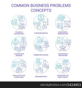 Common business problems blue gradient concept icons set. Monitor performance idea thin line color illustrations. Financial management. Isolated symbols. Roboto-Medium, Myriad Pro-Bold fonts used. Common business problems blue gradient concept icons set