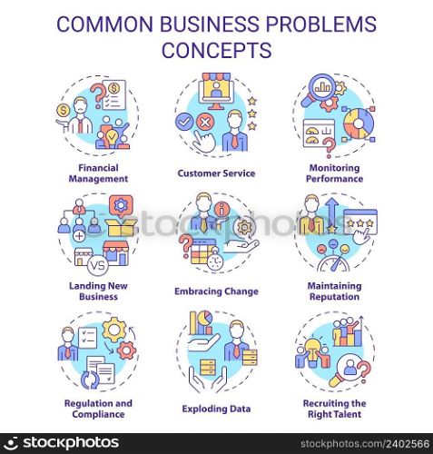 Common business problems concept icons set. Monitor performance idea thin line color illustrations. Financial management. Isolated symbols. Editable stroke. Roboto-Medium, Myriad Pro-Bold fonts used. Common business problems concept icons set