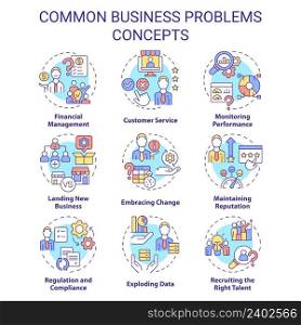 Common business problems concept icons set. Monitor performance idea thin line color illustrations. Financial management. Isolated symbols. Editable stroke. Roboto-Medium, Myriad Pro-Bold fonts used. Common business problems concept icons set