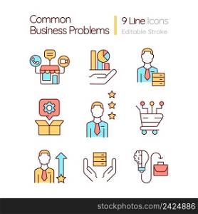 Common business problems RGB color icons set. Commerce management. Customer loyalty. Isolated vector illustrations. Simple filled line drawings collection. Editable stroke. Quicksand-Light font used. Common business problems RGB color icons set