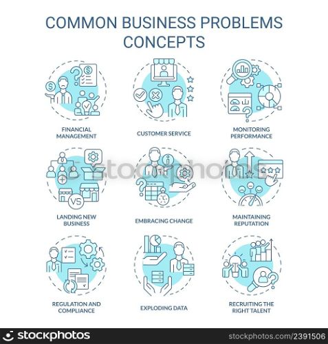 Common business problems turquoise concept icons set. Monitor performance idea thin line color illustrations. Isolated symbols. Editable stroke. Roboto-Medium, Myriad Pro-Bold fonts used. Common business problems turquoise concept icons set