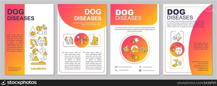 Common canine diseases red gradient brochure template. Dog conditions. Leaflet design with linear icons. 4 vector layouts for presentation, annual reports. Arial, Myriad Pro-Regular fonts used. Common canine diseases red gradient brochure template
