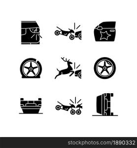 Common car crashes black glyph icons set on white space. Rollover accidents. Wildlife vehicle collision. Damaged car equipment. Motorcycle crashes. Silhouette symbols. Vector isolated illustration. Common car crashes black glyph icons set on white space
