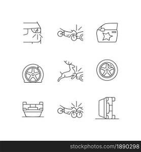 Common car crashes linear icons set. Rollover accidents. Wildlife vehicle collision. Motorcycle crashes. Customizable thin line contour symbols. Isolated vector outline illustrations. Editable stroke. Common car crashes linear icons set