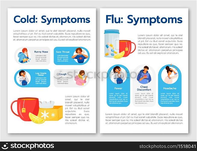 Common cold and flu virus symptoms flat vector brochure template. Flyer, booklet, printable leaflet design. Magazine page, cartoon annual reports, infographic posters with text space