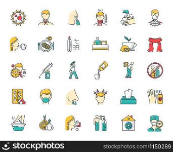Common cold color icons set. Influenza virus treatment. Flu, grippe symptoms. Healthcare, medicine. Disease cure, illness aid. Cough, sore throat. Vaccination. Headache. Isolated vector illustrations