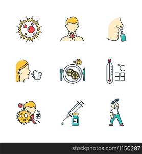 Common cold color icons set. Virus infection. Microbe. Sore throat. Drip nose. Girl cough. Vitamin C. High temperature. Fever symptoms. Syringe with vaccine. Exercise. Isolated vector illustrations