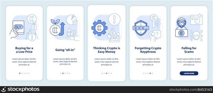 Common crypto mistakes light blue onboarding mobile app screen. Walkthrough 5 steps editable graphic instructions with linear concepts. UI, UX, GUI template. Myriad Pro-Bold, Regular fonts used. Common crypto mistakes light blue onboarding mobile app screen