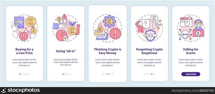 Common crypto mistakes onboarding mobile app screen. Beginner fails walkthrough 5 steps editable graphic instructions with linear concepts. UI, UX, GUI template. Myriad Pro-Bold, Regular fonts used. Common crypto mistakes onboarding mobile app screen
