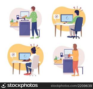 Common daily situations 2D vector isolated illustration set. No wifi signal on computer. Man and woman doing chores flat characters on cartoon background. Everyday activity colourful scene collection. Common daily situations 2D vector isolated illustration set