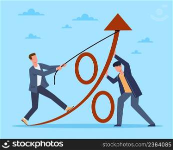 Common efforts towards the goal. Businessmen trying to raise interest rates, strategies for growth and development, investment profit or dividend rising. Vector cartoon flat style isolated concept. Common efforts towards the goal. Businessmen trying to raise interest rates, strategies for growth and development, investment profit or dividend rising. Vector cartoon flat concept