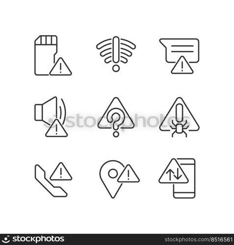 Common electronic device issues pixel perfect linear icons set. Warning signal. Computer problem. Customizable thin line symbols. Isolated vector outline illustrations. Editable stroke. Common electronic device issues pixel perfect linear icons set