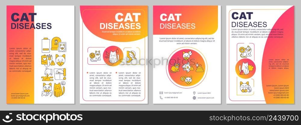 Common feline diseases red gradient brochure template. Illnesses treatment. Leaflet design with linear icons. 4 vector layouts for presentation, annual reports. Arial, Myriad Pro-Regular fonts used. Common feline diseases red gradient brochure template