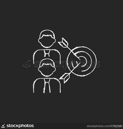 Common goal chalk white icon on dark background. Collective purpose. Team building skills. Colleagues aim towards common goal. Two men and arrows. Isolated vector chalkboard illustration on black. Common goal chalk white icon on dark background