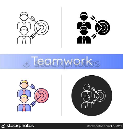 Common goal icon. Collective purpose. Team building skills. Colleagues aim towards common goal. Two men and arrows. Linear black and RGB color styles. Isolated vector illustrations. Common goal icon