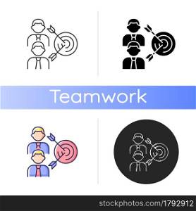 Common goal icon. Collective purpose. Team building skills. Colleagues aim towards common goal. Two men and arrows. Linear black and RGB color styles. Isolated vector illustrations. Common goal icon
