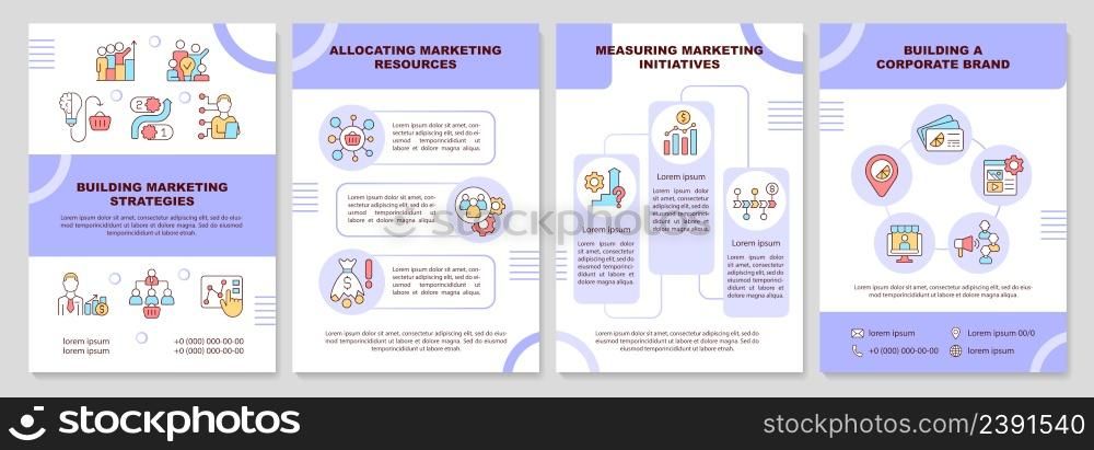 Common marketing problems in business purple brochure template. Leaflet design with linear icons. 4 vector layouts for presentation, annual reports. Arial-Black, Myriad Pro-Regular fonts used. Common marketing problems in business purple brochure template