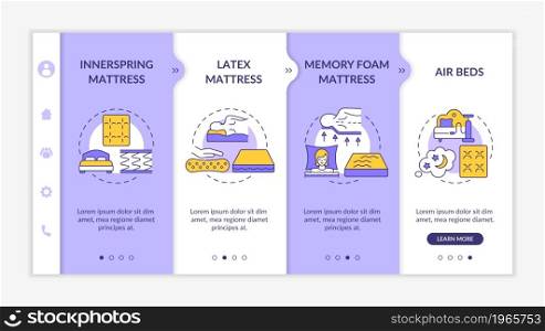 Common mattress types onboarding vector template. Responsive mobile website with icons. Web page walkthrough 4 step screens. Choosing comfortable bed color concept with linear illustrations. Common mattress types onboarding vector template