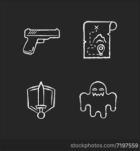 Common movie genres chalk white icons set on black background. Action flicks, adventure, history epic and horror films. Popular cinematography categories. Isolated vector chalkboard illustrations