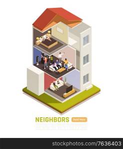 Common neighbor disputes isometric composition with flat dwellers suffering from loud music party noise nuisance vector illustration
