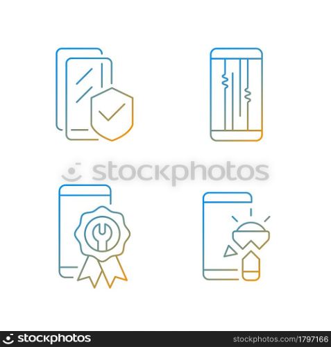 Common phone breakdowns gradient linear vector icons set. Certified repair. Screen issues. Torchlight damage. Thin line contour symbols bundle. Isolated vector outline illustrations collection. Common phone breakdowns gradient linear vector icons set