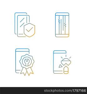 Common phone breakdowns gradient linear vector icons set. Certified repair. Screen issues. Torchlight damage. Thin line contour symbols bundle. Isolated vector outline illustrations collection. Common phone breakdowns gradient linear vector icons set