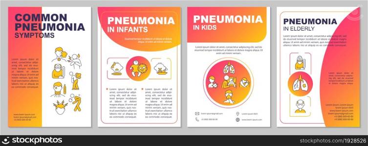 Common pneumonia signs brochure template. Kids and elderly at risk. Flyer, booklet, leaflet print, cover design with linear icons. Vector layouts for presentation, annual reports, advertisement pages. Common pneumonia signs brochure template