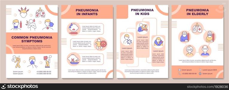 Common pneumonia symptoms brochure template. Age groups at risk. Flyer, booklet, leaflet print, cover design with linear icons. Vector layouts for presentation, annual reports, advertisement pages. Common pneumonia symptoms brochure template