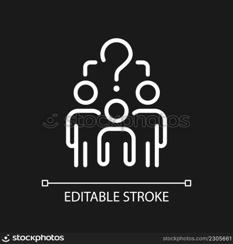 Common question white linear icon for dark theme. People group and question mark. Social problems solution. Thin line illustration. Isolated symbol for night mode. Editable stroke. Arial font used. Common question white linear icon for dark theme