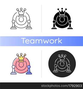 Common strategy icon. Collective purposes and goals. Plan for business development. Team decisions. Resolve group problems. Linear black and RGB color styles. Isolated vector illustrations. Common strategy icon