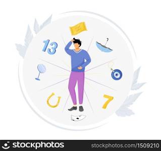 Common superstitions flat concept vector illustration. Superstitious man 2D cartoon character for web design. Guy surrounded with good and bad luck symbols. Irrational fear of unknown creative idea