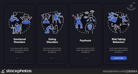 Common teen disorders night mode onboarding mobile app screen. Walkthrough 4 steps graphic instructions pages with linear concepts. UI, UX, GUI template. Myriad Pro-Bold, Regular fonts used. Common teen disorders night mode onboarding mobile app screen