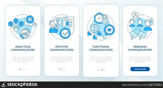 Common types of communicators blue onboarding mobile app screen. Walkthrough 4 steps graphic instructions pages with linear concepts. UI, UX, GUI template. Myriad Pro-Bold, Regular fonts used. Common types of communicators blue onboarding mobile app screen