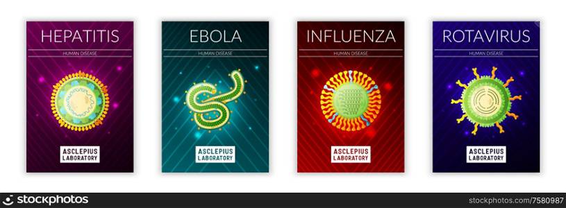 Common viruses 4 posters set with hepatitis ebola influenza rota images with bright colorful background vector illustration
