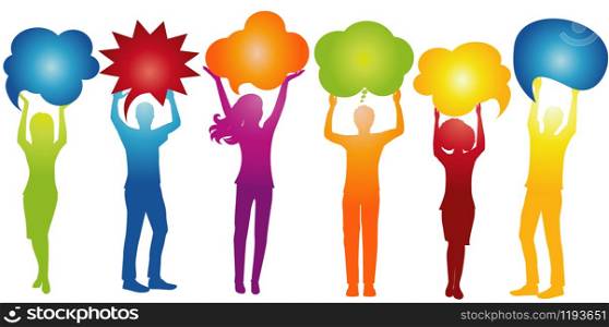 Communicate between a group of multiethnic and multicultural people who speak and share ideas. Social network communication. Speak. Inform. Dialogue diversity people. Speech bubble