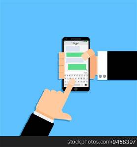 Communicate in messenger using phone. Talking and online chat, people chatting and communication. Vector illustration. Communicate in messenger using phone