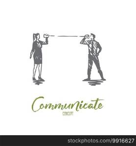 Communicate, talk, people, speech, conversation concept. Hand drawn man and woman trying to communicate concept sketch. Isolated vector illustration.. Communicate, talk, people, speech, conversation concept. Hand drawn isolated vector.