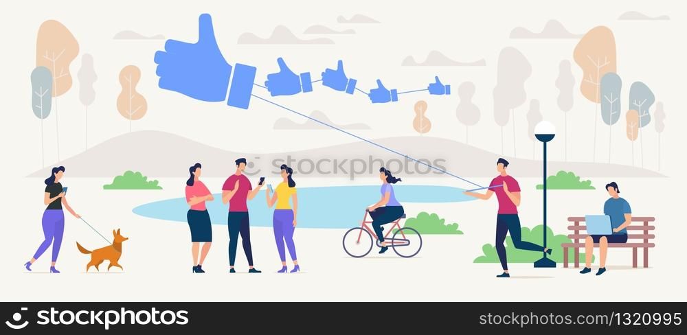 Communicating and Finding New Friends in Social Network Flat Vector Concept. People Walking with Dog in Park, Working on Laptop Outdoors, Using Cellphones, Chatting and Messaging Online Illustration