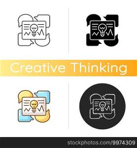 Communicating ideas icon. Critical thinking idea. Optimizing ways of communication. Creative idear for interactions. Linear black and RGB color styles. Isolated vector illustrations. Communicating ideas icon.