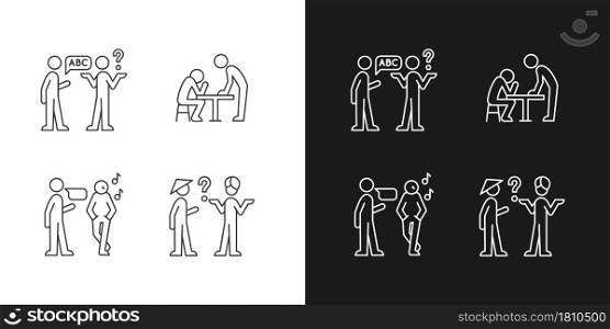 Communicating information effectively linear icons set for dark and light mode. Language, cultural barriers. Customizable thin line symbols. Isolated vector outline illustrations. Editable stroke. Communicating information effectively linear icons set for dark and light mode